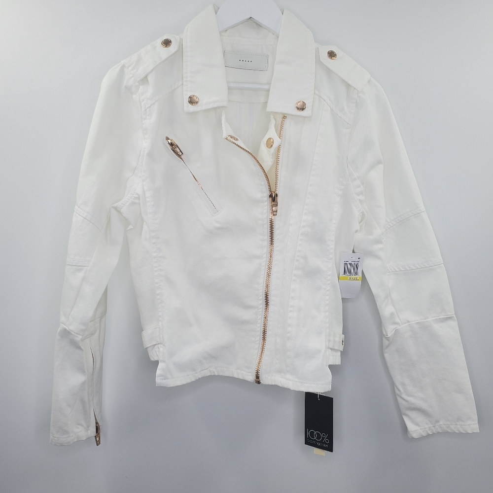 Blank NYC Denim Trucker Jacket White Rose Gold NEW